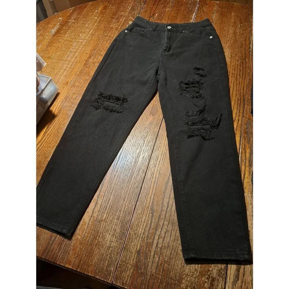 Small SheIn Black Distressed Denim Jeans Casual Pants with Pockets & Belt Loops
